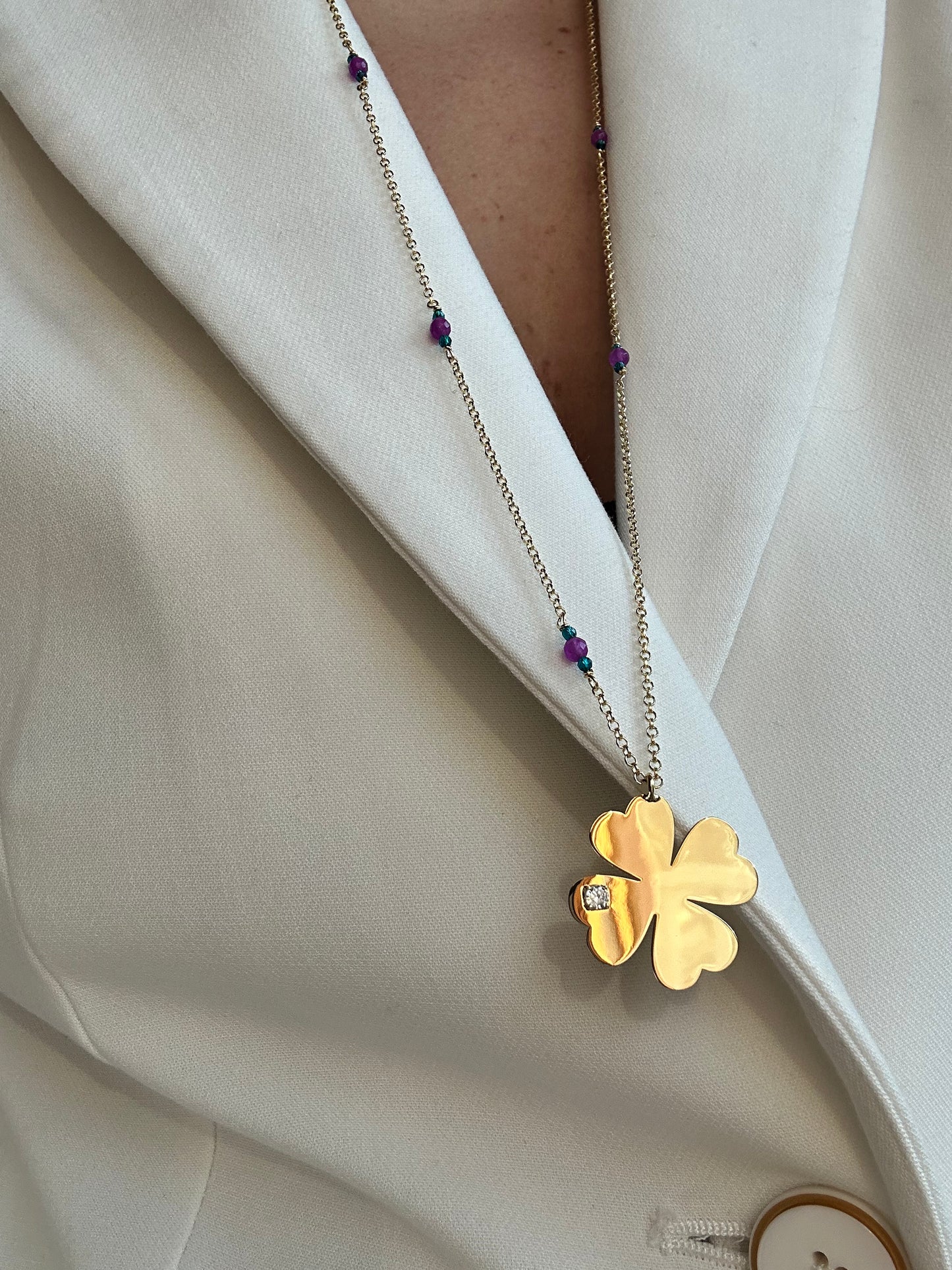 Collana Lunga "Diamante " con quadrifoglio