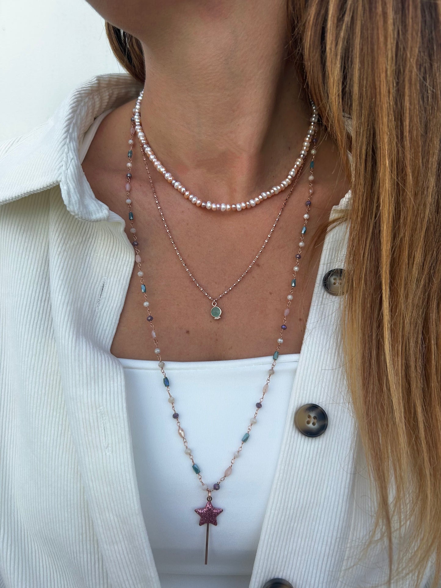 Set Collane Donna - Perle Rosa - Amazzonite- Bacchetta Magica Glitter -